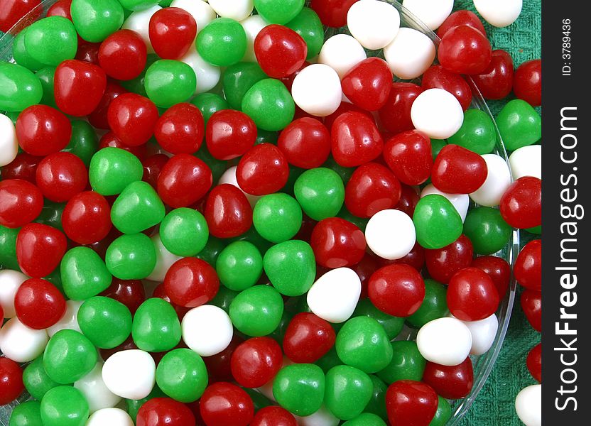 A cluster of red,green and white Christmas candy.