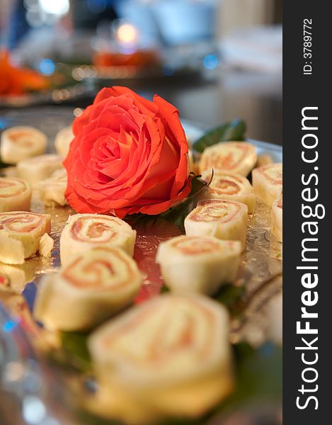 Sushi Roll Appetizers With Red Rose