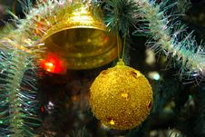 Golden Christmas Ball Hanging On Branch Royalty Free Stock Image Golden Christmas Ball Hanging On Branch Royalty Free Stock Image