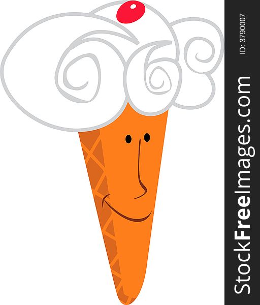 Illustration of an ice crÃ¨me con with a cherry on top laughing