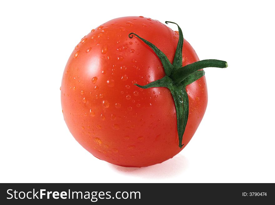 Ripe juicy tomatoes isolated on white; wet. Ripe juicy tomatoes isolated on white; wet