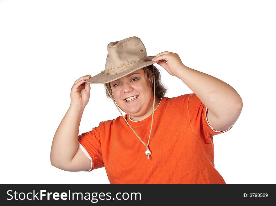 Young model holding old style hat with both hands