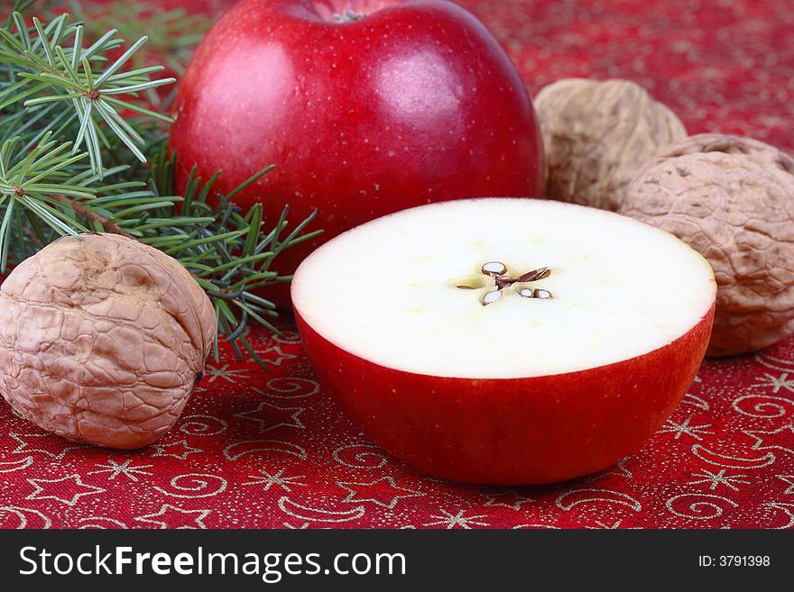 Christmas - red apples, walnuts and pine. Christmas - red apples, walnuts and pine