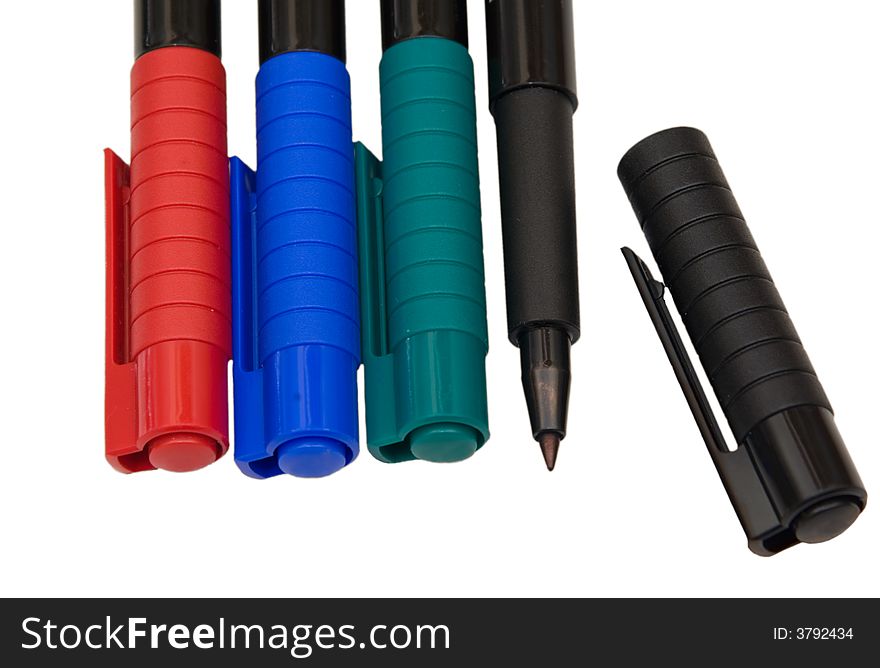 A set of permanent markers isolated on white background, one of them open.Could be used for stating differences and originality or readiness to do something. A set of permanent markers isolated on white background, one of them open.Could be used for stating differences and originality or readiness to do something