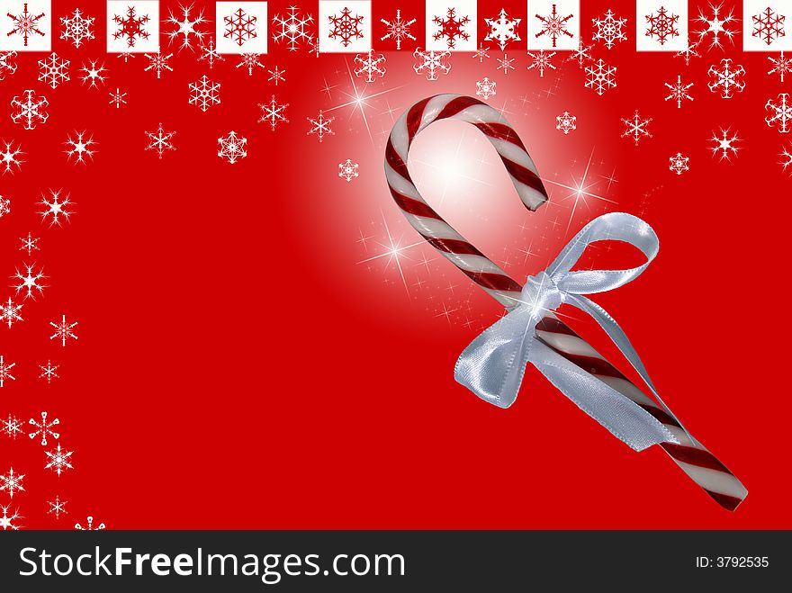 Single candy cane with a satin bow on snowflake background. Single candy cane with a satin bow on snowflake background.