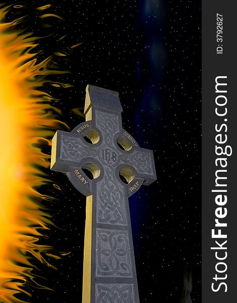 Celtic cross against a starry flamed night. Celtic cross against a starry flamed night