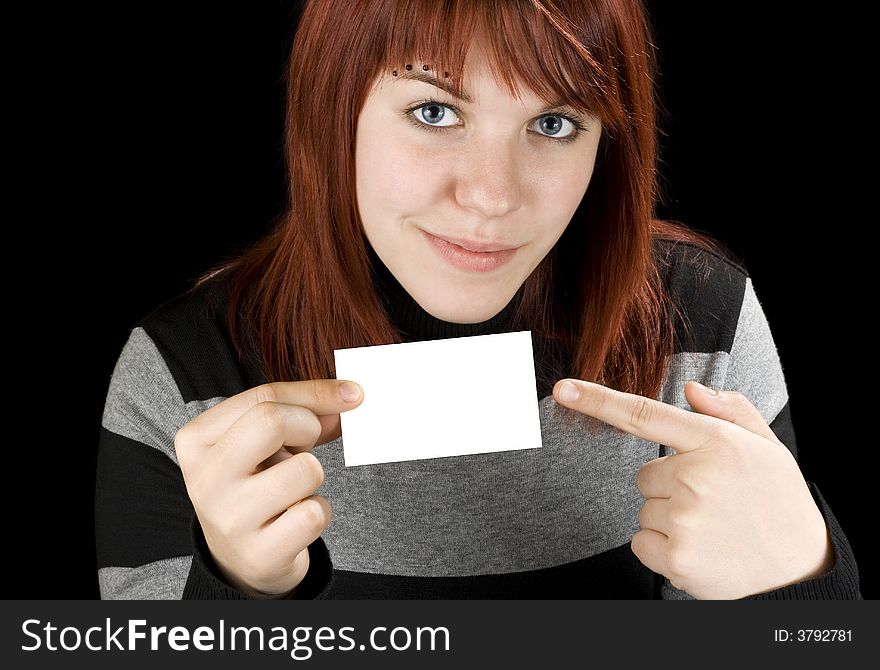 Girl pointing at a blank business card