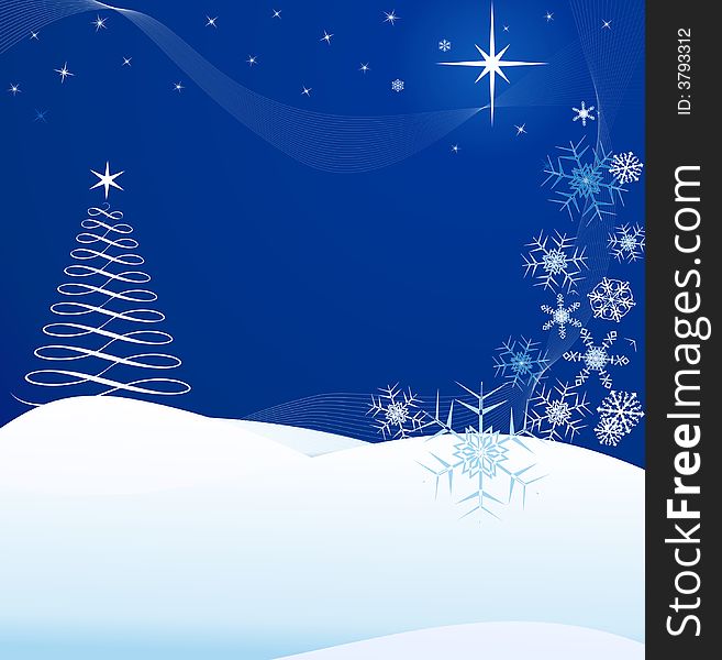 Christmas tree with stars, snowflakes, and line art on gradient blue background. Christmas tree with stars, snowflakes, and line art on gradient blue background.