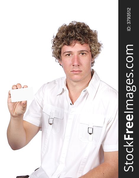 Man holding blank business card in hand