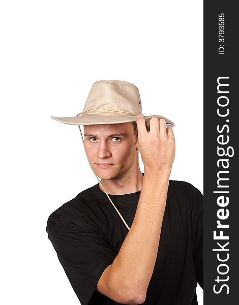 Young farmer with broad hat on head. Young farmer with broad hat on head