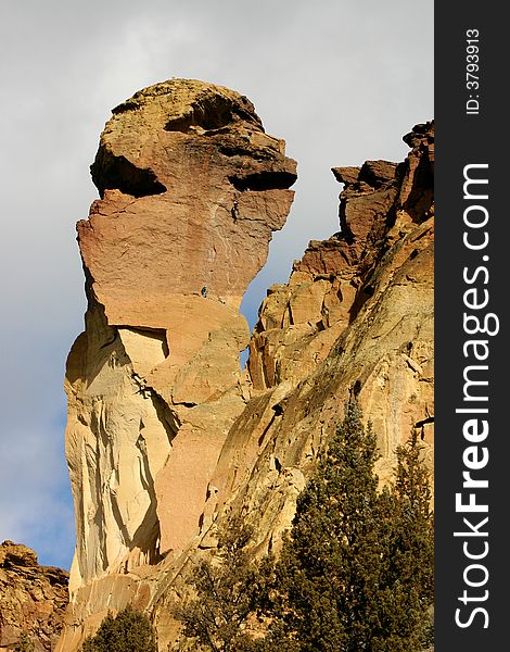 A close-up view of the well known Monkey Face climbing feature at Smith Rocks State Park in Central Oregon. A close-up view of the well known Monkey Face climbing feature at Smith Rocks State Park in Central Oregon.