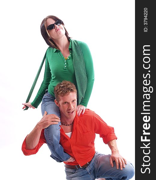 Young adult couple wearing red and green. Young adult couple wearing red and green