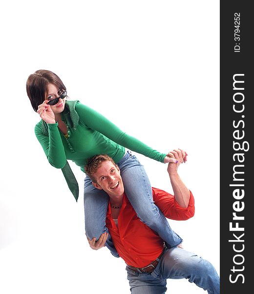 Young adult couple wearing red and green. Young adult couple wearing red and green