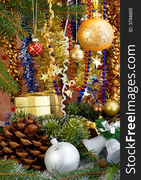 Christmas decorations of ball, ribbons and garlands. Christmas decorations of ball, ribbons and garlands.