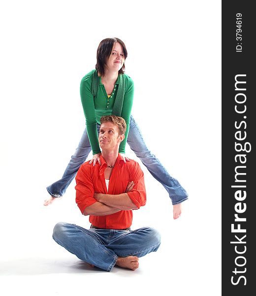 Young adult couple wearing red and green. Young adult couple wearing red and green