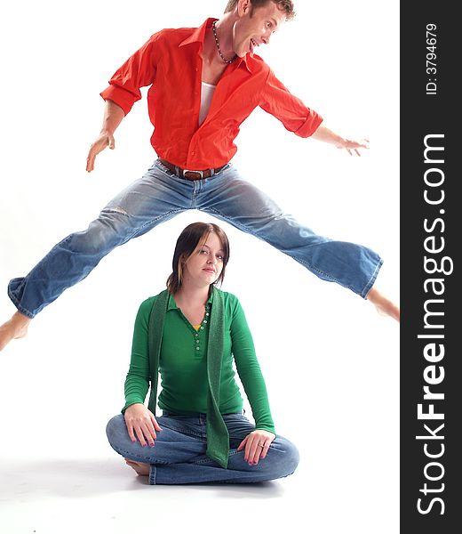 Young adult couple wearing red and green. Young adult couple wearing red and green