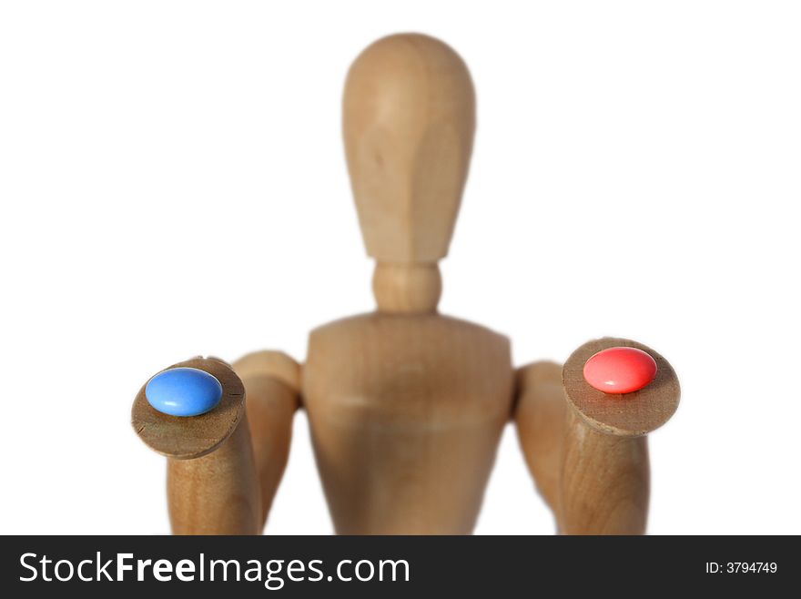 Wood mannequin choose red or blue pill. Wood mannequin choose red or blue pill