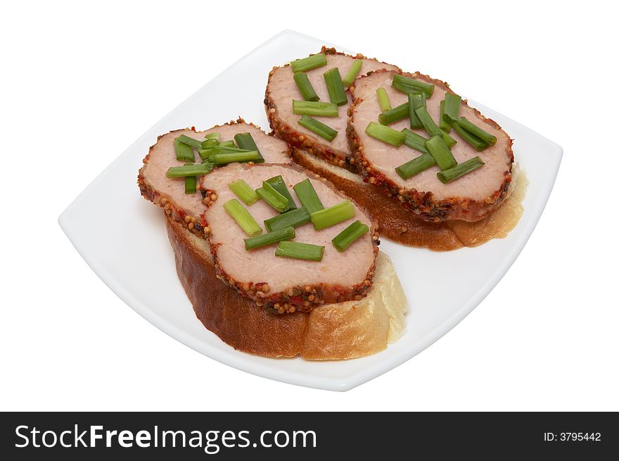 Sandwiches with a green onions on a white background