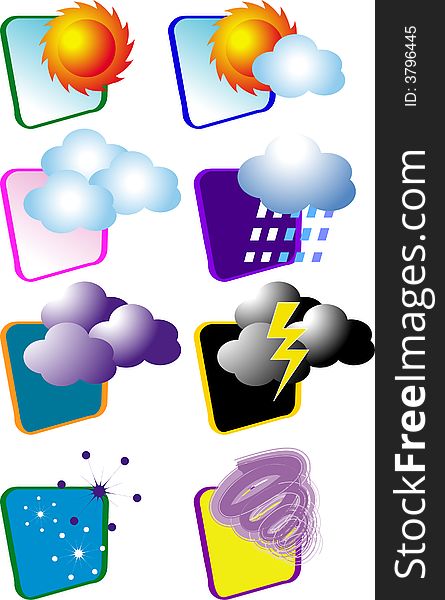 A vector, illustration for a variety icon for weather, meteorological, sun, cloud, rain, snow, thunder, twister,. A vector, illustration for a variety icon for weather, meteorological, sun, cloud, rain, snow, thunder, twister,