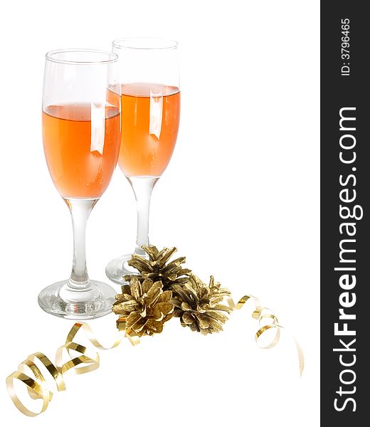 Two glasses with wine and cones  with yellow ribbon isolated