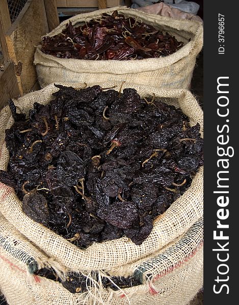 Dry Chiles for sale in a market in chiapas, mexico