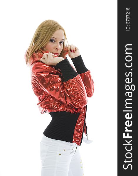 Blonde in red jacket on isolated background