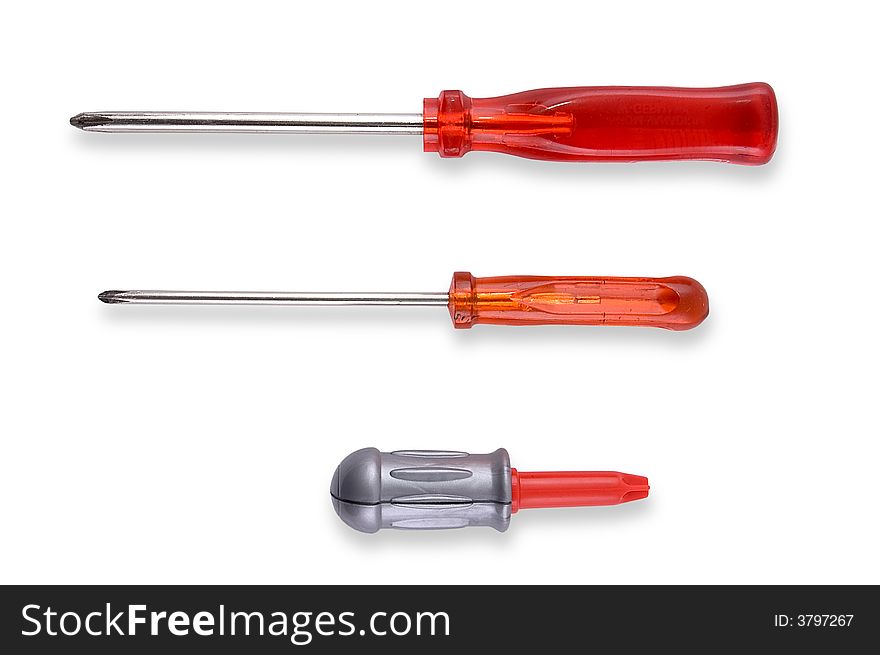 Three screwdrivers on white background. Close-up.