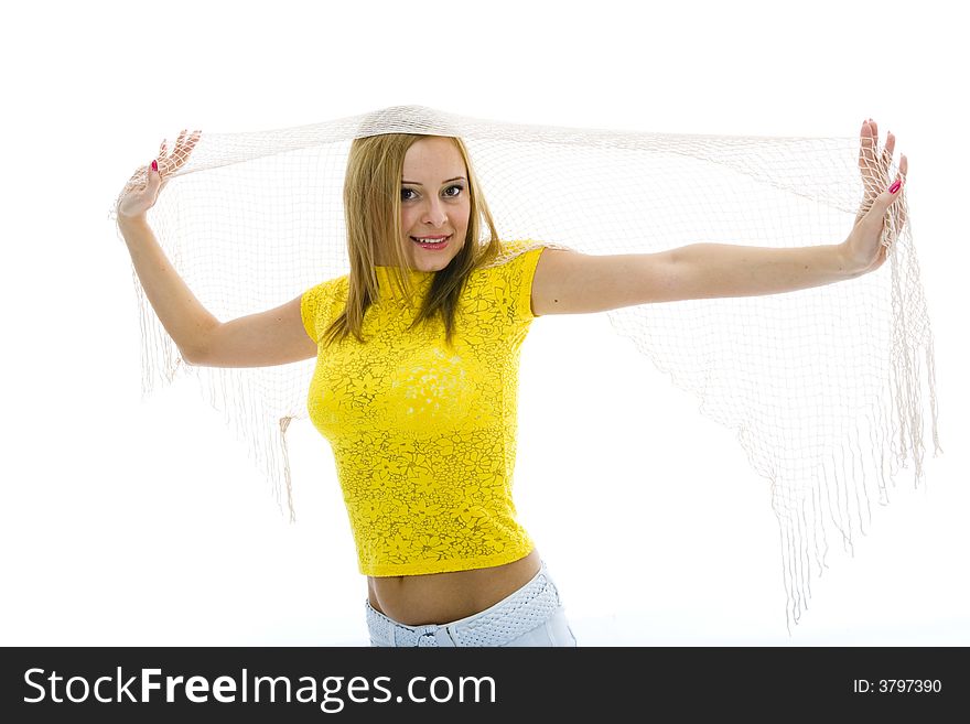 Beautiful blonde in yellow blouse on isolated background