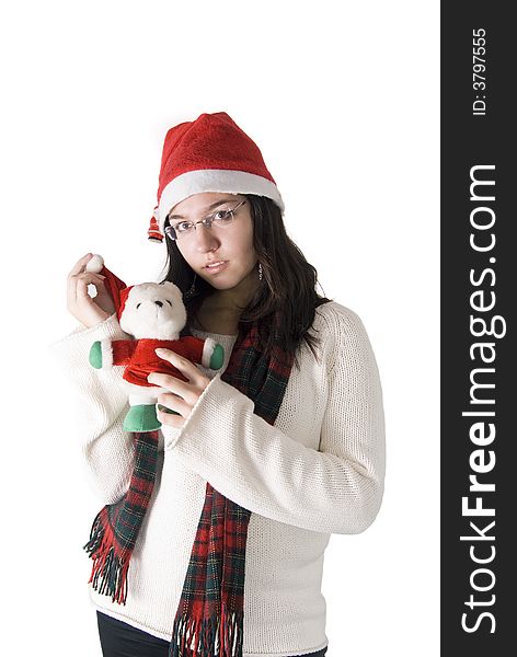 Girl in white sweater and red hat