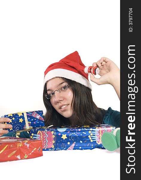 Girl with red hat and a lot of gifts. Girl with red hat and a lot of gifts