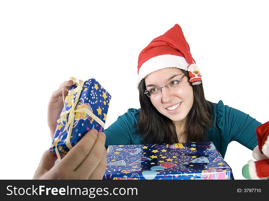 Girl receiving her christmas gift. Girl receiving her christmas gift