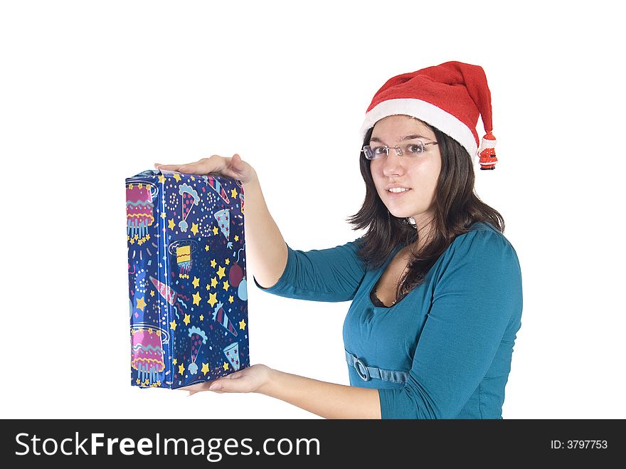 Girl holding big christmas gift. Girl holding big christmas gift