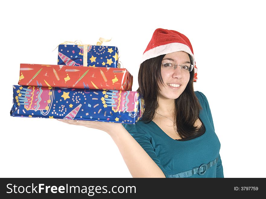 Cute happy girl is holding few presents