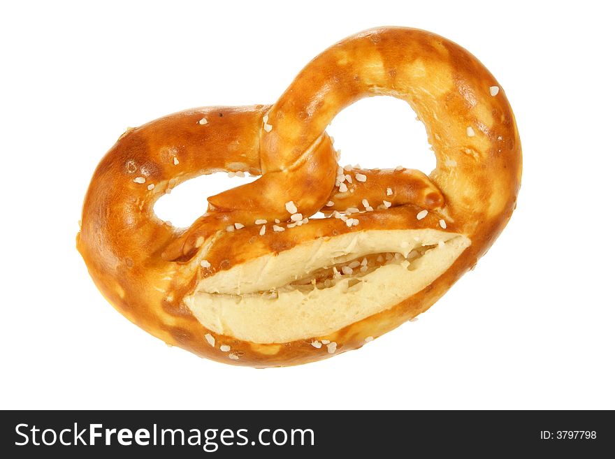 Salted pretzel with cheese isolated over white background