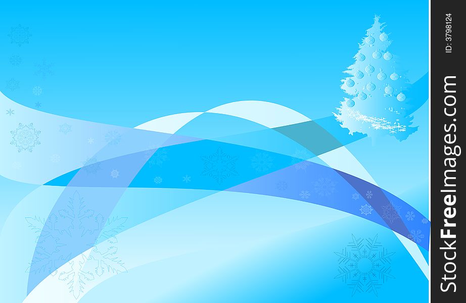 Blue christmas illustration with snowflakes and Christmas tree