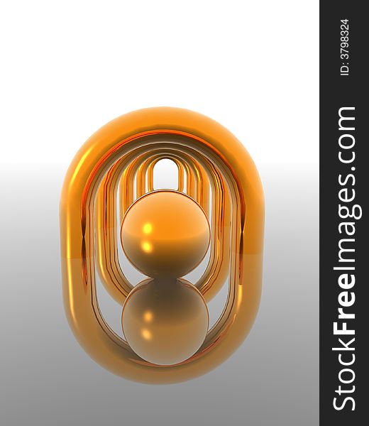 Golden gates and sphere on glass surface - 3d scene. Golden gates and sphere on glass surface - 3d scene.