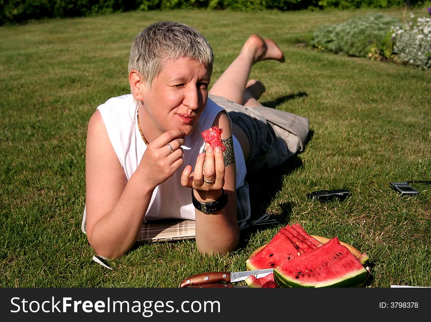 Small picnic near the house in serene summer day. Small picnic near the house in serene summer day