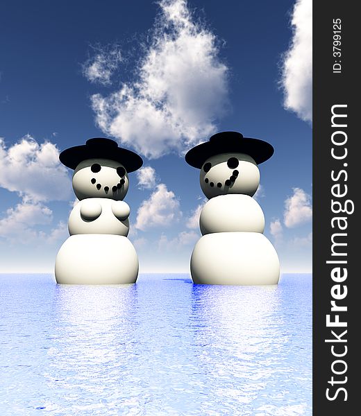A computer created Christmas scene of a happy snowman and snowwomen in some tropical water on holiday. A computer created Christmas scene of a happy snowman and snowwomen in some tropical water on holiday.