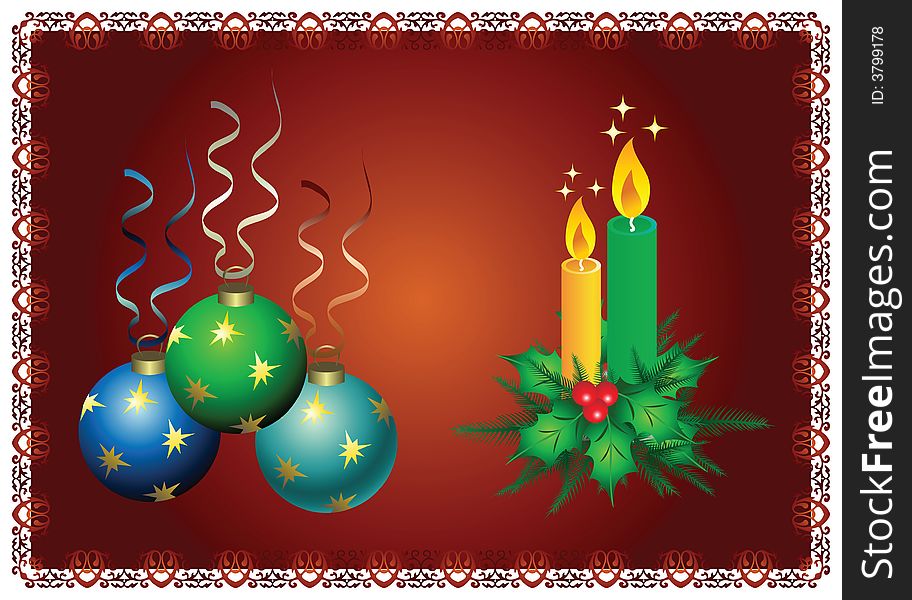 Vector christmas balls end candles with ornament border