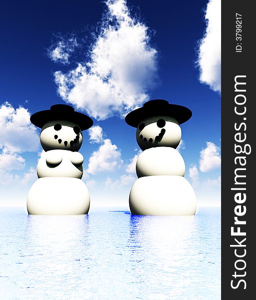 A computer created Christmas scene of a happy snowman and snowwomen in some tropical water on holiday. A computer created Christmas scene of a happy snowman and snowwomen in some tropical water on holiday.