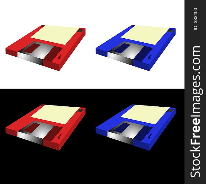 Blue and red (Load/Save) floppy disks on white and black backgrounds. Blue and red (Load/Save) floppy disks on white and black backgrounds