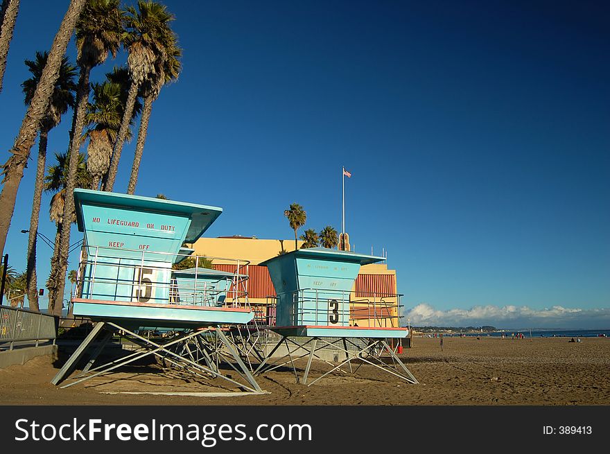 Lifeguard huts at the boardwalk in Santa Cruz, California. Lifeguard huts at the boardwalk in Santa Cruz, California