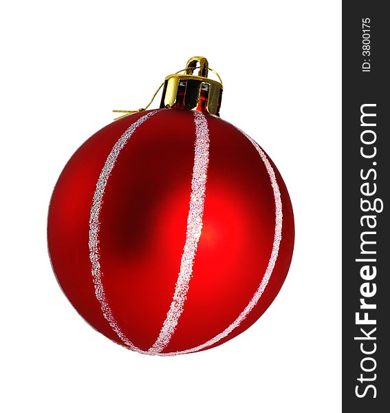 Red christmas bauble white white stripes isolated on white background. Red christmas bauble white white stripes isolated on white background