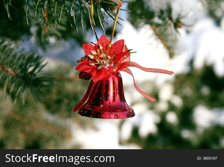 Red Christmas bell hangig on the branch of fir-tree