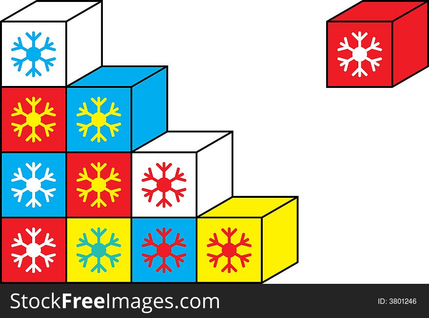 9 snowflakes in colored boxes. 9 snowflakes in colored boxes
