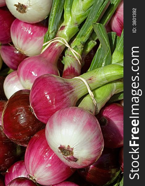 Fresh red onions bundled for sale at farmer's market.