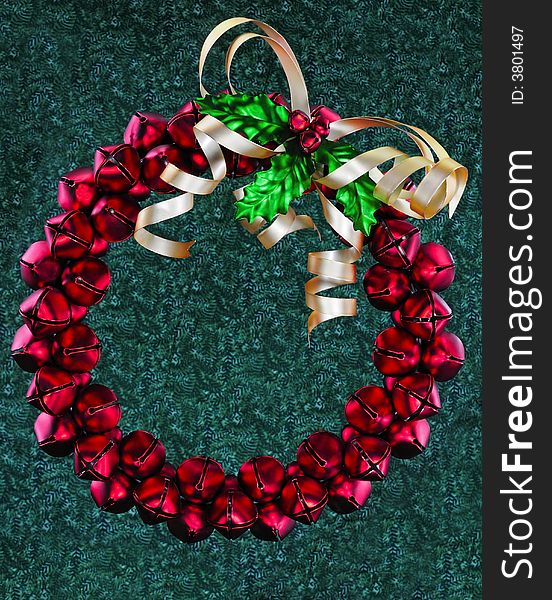 Metal Jingle Bell Wreath on fir pattern background