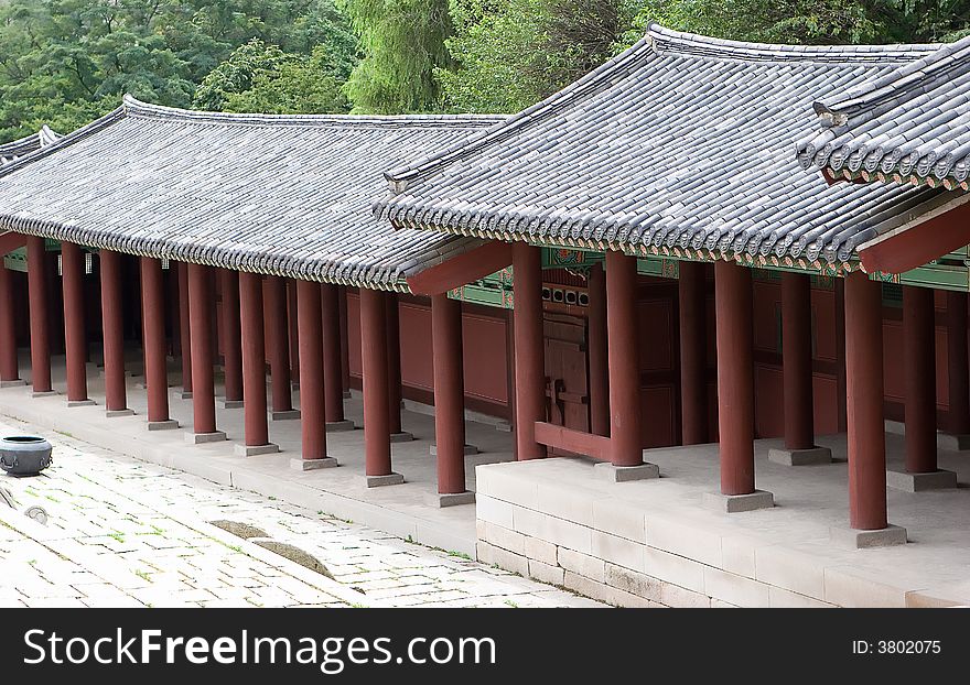 An oriental style covered walkway. An oriental style covered walkway