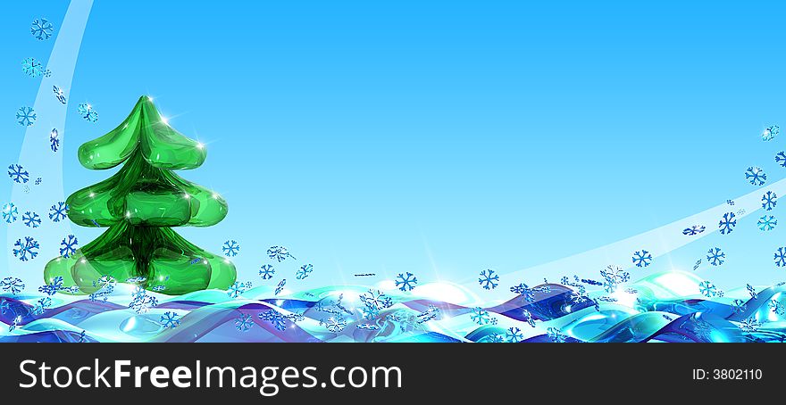 Shiny Christmas Tree and Snowflakes on Blue Background