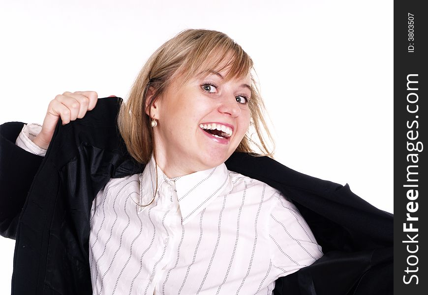 Happy blond woman in black suit. Happy blond woman in black suit